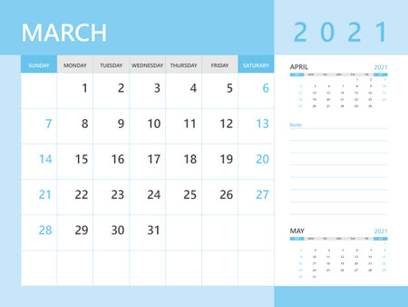 Calendar 2021 template, March 2021 year, desk calendar 2021 layout, corporate design planner template. Blue backgroundのイラスト素材