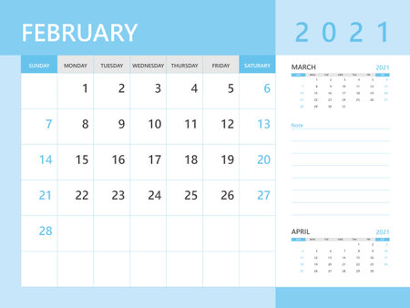Calendar 2021 template, February 2021 year, desk calendar 2021 layout, corporate design planner template. Blue backgroundのイラスト素材