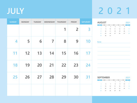 Calendar 2021 template, July 2021 year, desk calendar 2021 layout, corporate design planner template. Blue backgroundのイラスト素材