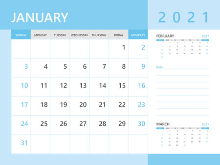 Calendar 2021 template, January 2021 year, desk calendar 2021 layout, corporate design planner template. Blue backgroundのイラスト素材