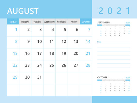 Calendar 2021 template, August 2021 year, desk calendar 2021 layout, corporate design planner template. Blue backgroundのイラスト素材