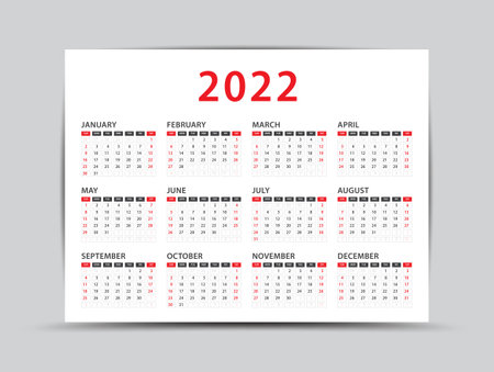 2022 yearly calendar - 12 months yearly calendar set in 2022, Planner, Desk calendar 2022, wall calendar 2022 template,vector illustrationのイラスト素材