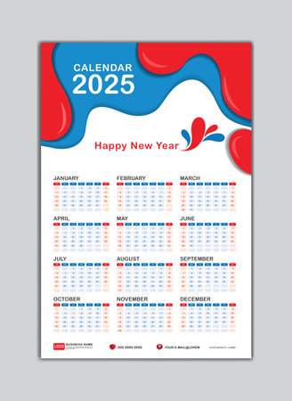 Wall Calendar 2025 template. Desk calendar 2025 template, Calendar 2025 Banner, happy new year 2025, Week Starts on Saturday. Set of 12 Months for calendar 2025 year. vector illustration.のイラスト素材