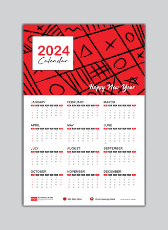 Wall Calendar 2024 template. Desk calendar 2024 template, Calendar 2024 Banner, happy new year 2024, Week Starts on Saturday. Set of 12 Months for calendar 2024 year. vector illustration.のイラスト素材