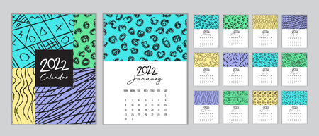 Calendar 2022 template vector, Set Desk calendar 2022, wall calendar 2022 design, Planner, Week start on Sunday, vertical layout, Set of 12 Months, cover design memphis style, vector illustrationのイラスト素材