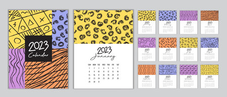 Calendar 2023 template vector, Set Desk calendar 2023, wall calendar 2023 design, Planner, Week start on Sunday, vertical layout, Set of 12 Months, cover design memphis style, vector illustrationのイラスト素材