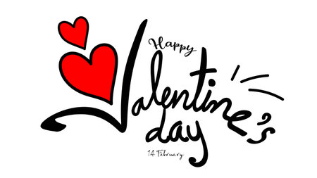 Happy Valentine's Day typography with red heart hand drawn vector illustration, Valentines day text design  for banner, poster, social media, flyer, Brochure, wallpaper, greeting card, invitationのイラスト素材