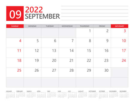 September 2022 year, Calendar planner 2022 and Set of 12 Months,  week start on Sunday. Desk calendar 2022 design, simple and clean design, Wall calendar, Corporate design planner template vectorのイラスト素材