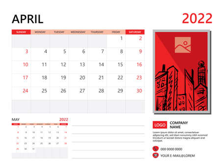 Calendar planner 2022 and Set of 12 Months, April 2022 template, week start on Sunday, Desk calendar 2022 design, simple and clean design, Wall calendar, Corporate design planner template vectorのイラスト素材