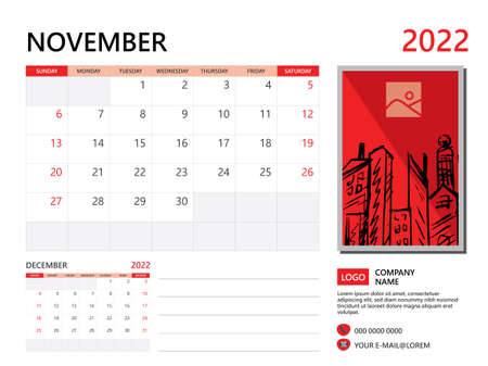 Calendar planner 2022 and Set of 12 Months, November 2022 template, week start on Sunday, Desk calendar 2022 design, simple and clean design, Wall calendar, Corporate design planner template vectorのイラスト素材