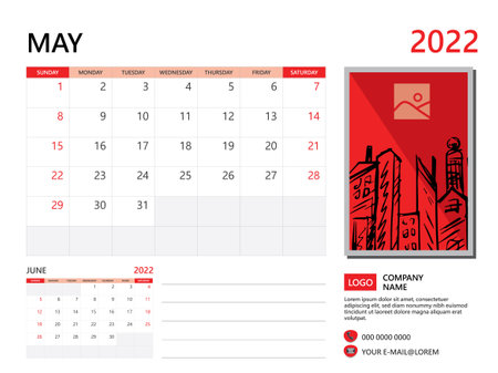 Calendar planner 2022 and Set of 12 Months, May 2022 template, week start on Sunday, Desk calendar 2022 design, simple and clean design, Wall calendar, Corporate design planner template vectorのイラスト素材