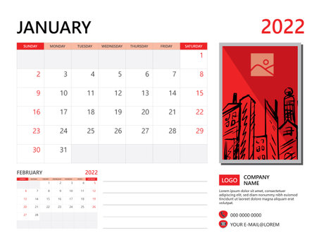 Calendar planner 2022 and Set of 12 Months, January 2022 template, week start on Sunday, Desk calendar 2022 design, simple and clean design, Wall calendar, Corporate design planner template vectorのイラスト素材