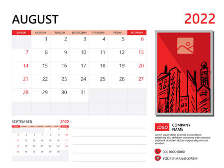 Calendar planner 2022 and Set of 12 Months, August 2022 template, week start on Sunday, Desk calendar 2022 design, simple and clean design, Wall calendar, Corporate design planner template vectorのイラスト素材