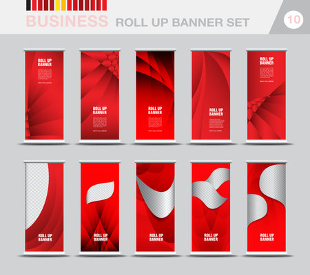 Business Roll up banner template set, Modern Exhibition Advertising, Web banner design, Stand, Poster, pull up, flyer, presentation, advertisement, j-flag, x-stand, Red gradient background, vectorのイラスト素材