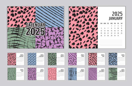 Calendar 2025 template vector memphis style, Set Desk calendar 2025, Planner design, Week start on Sunday, Wall calendar 2025 template, Set of 12 Months, Memphis cover design, diary, printing mediaのイラスト素材