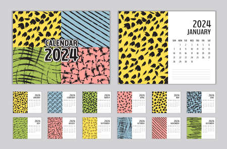 Calendar 2024 template vector memphis style, Set Desk calendar 2024, Planner design, Week start on Sunday, Wall calendar 2024 template, Set of 12 Months, Memphis cover design, diary, printing mediaのイラスト素材