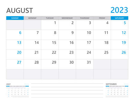 August 2023 year, Calendar planner 2023 and Set of 12 Months, week start on Sunday. Desk calendar 2023 design, simple and clean design, Wall calendar 2023, Corporate design planner template vectorのイラスト素材