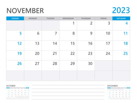 November 2023 year, Calendar planner 2023 and Set of 12 Months, week start on Sunday. Desk calendar 2023 design, simple and clean design, Wall calendar 2023, Corporate design planner template vectorのイラスト素材