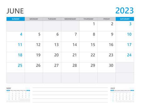 June 2023 year, Calendar planner 2023 and Set of 12 Months, week start on Sunday. Desk calendar 2023 design, simple and clean design, Wall calendar 2023, Corporate design planner template vectorのイラスト素材
