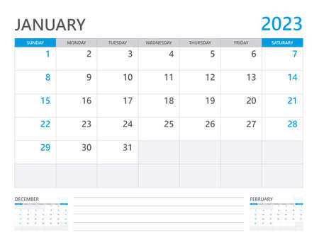January 2023 year, Calendar planner 2023 and Set of 12 Months, week start on Sunday. Desk calendar 2023 design, simple and clean design, Wall calendar 2023, Corporate design planner template vectorのイラスト素材