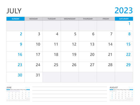 July 2023 year, Calendar planner 2023 and Set of 12 Months, week start on Sunday. Desk calendar 2023 design, simple and clean design, Wall calendar 2023, Corporate design planner template vectorのイラスト素材