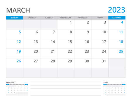 March 2023 year, Calendar planner 2023 and Set of 12 Months, week start on Sunday. Desk calendar 2023 design, simple and clean design, Wall calendar 2023, Corporate design planner template vectorのイラスト素材