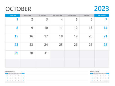 October 2023 year, Calendar planner 2023 and Set of 12 Months, week start on Sunday. Desk calendar 2023 design, simple and clean design, Wall calendar 2023, Corporate design planner template vectorのイラスト素材