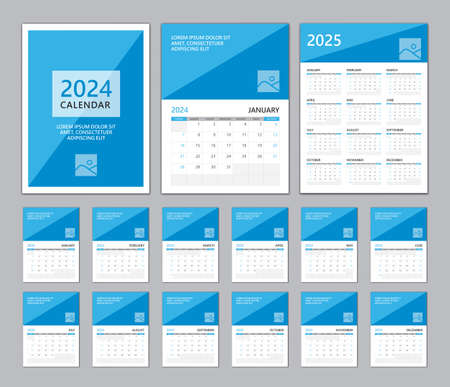 Calendar 2024-2025 template, Set Desk calendar 2024 template, Set of 12 Months, Wall calendar 2025 design, Can use Place for Photo and Company Logo, Blue cover design, minimal planner, vectorのイラスト素材