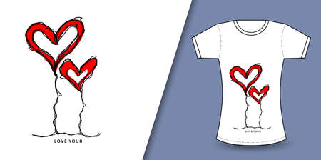 Red heart shape and love you text for valentine'day vector, T shirt design for happy valentine's day template, clothing print, t shirt mockup, Female fashion, hand drawn heart vector illustrationのイラスト素材