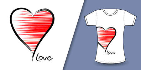 Red heart and love text logo for valentine'day vector, T shirt design for happy valentine's day template, clothing print, t shirt mockup, Female fashion, hand drawn heart vector illustrationのイラスト素材