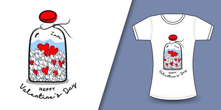 glass jar with hearts vector for valentine'day, T shirt design for happy valentine's day template, clothing print, t shirt mockup, Female fashion, hand drawn glass jar with hearts vector illustrationのイラスト素材