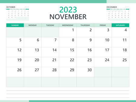 Calendar 2023 template vector on green background, November 2023 template, Planner, week start on Sunday,  Desk calendar 2023 design, minimal wall calendar, Corporate planner template vectorのイラスト素材