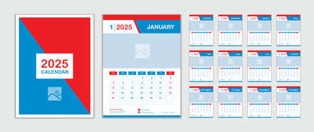 Calendar design for 2025 year set, Wall calendar 2025 template, desk calendar red blue geometric concept, planner design, Week starts on sunday, professional Business template, cover design, vectorのイラスト素材
