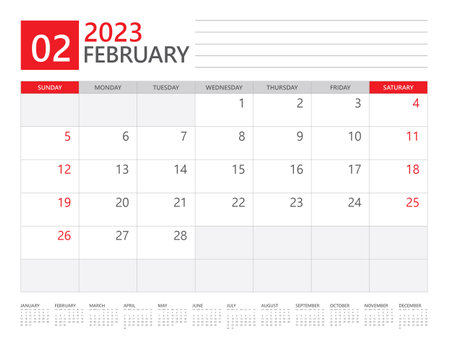 February 2023 year, Calendar planner 2023 and Set of 12 Months,  week start on Sunday. Desk calendar 2023 design, simple and clean design, Wall calendar, Corporate design planner template vectorのイラスト素材