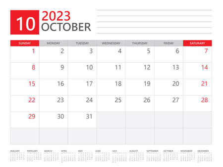 October 2023 year, Calendar planner 2023 and Set of 12 Months,  week start on Sunday. Desk calendar 2023 design, simple and clean design, Wall calendar, Corporate design planner template vectorのイラスト素材