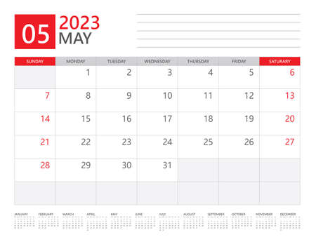 May 2023 year, Calendar planner 2023 and Set of 12 Months,  week start on Sunday. Desk calendar 2023 design, simple and clean design, Wall calendar, Corporate design planner template vectorのイラスト素材