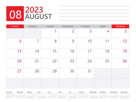 August 2023 year, Calendar planner 2023 and Set of 12 Months,  week start on Sunday. Desk calendar 2023 design, simple and clean design, Wall calendar, Corporate design planner template vectorのイラスト素材