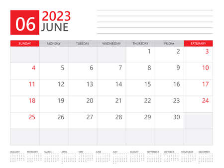 June 2023 year, Calendar planner 2023 and Set of 12 Months,  week start on Sunday. Desk calendar 2023 design, simple and clean design, Wall calendar, Corporate design planner template vectorのイラスト素材