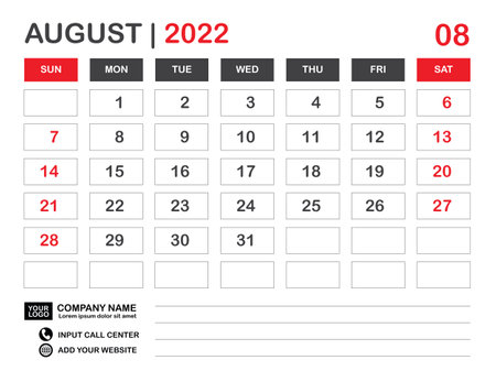 Calendar 2022 template, August 2022 layout, Desk calendar 2022 year, Wall calendar design, Week starts on sunday, Planner, Printing media, poster, organizer, advertisement, Red background, vectorのイラスト素材