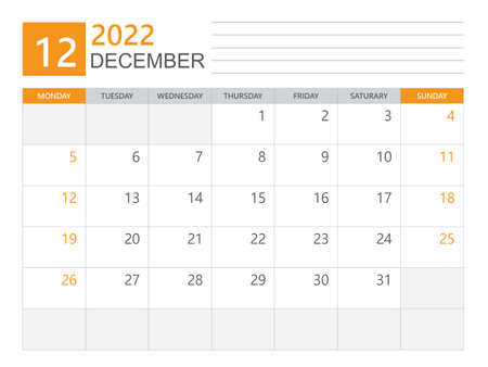 December 2022 template, Calendar planner 2022, week start on Monday,  Desk calendar 2022 year, simple and clean design, Wall calendar design, Corporate design planner template, print media vectorのイラスト素材
