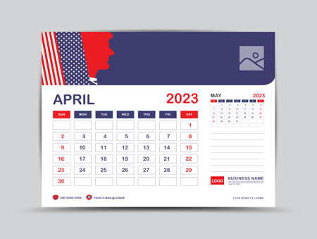 Calendar 2023 design, April 2023 template, desk calendar 2023 year, Usa flag background concept, wall calendar design, advertisement, printing, Business template vector eps10のイラスト素材