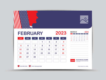 Calendar 2023 design, February 2023 template, desk calendar 2023 year, Usa flag background concept, wall calendar design, advertisement, printing, Business template vector eps10のイラスト素材