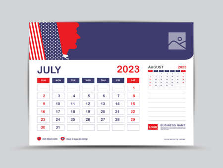 Calendar 2023 design, July 2023 template, desk calendar 2023 year, Usa flag background concept, wall calendar design, advertisement, printing, Business template vector eps10のイラスト素材