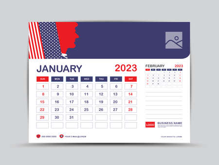 Calendar 2023 design, January 2023 template, desk calendar 2023 year, Usa flag background concept, wall calendar design, advertisement, printing, Business template vector eps10のイラスト素材