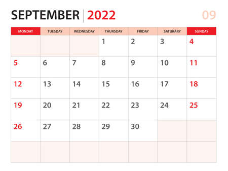 Calendar planner 2022 - September 2022 template, week start on Monday, Desk calendar 2022 year, simple and clean design, Wall calendar design, Corporate design planner template, red backgroundのイラスト素材