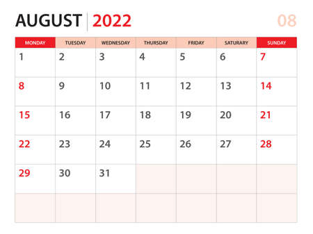 Calendar planner 2022 - August 2022 template, week start on Monday, Desk calendar 2022 year, simple and clean design, Wall calendar design, Corporate design planner template, red backgroundのイラスト素材