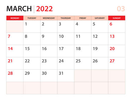 Calendar planner 2022 - March 2022 template, week start on Monday, Desk calendar 2022 year, simple and clean design, Wall calendar design, Corporate design planner template, red backgroundのイラスト素材