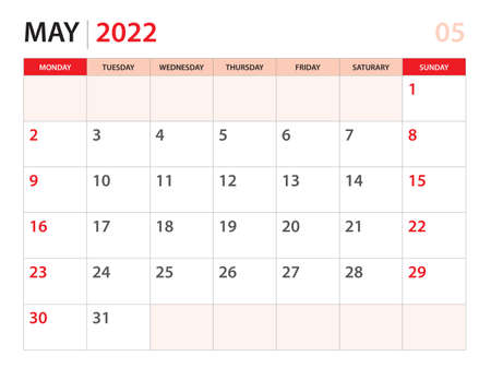 Calendar planner 2022 - May 2022 template, week start on Monday, Desk calendar 2022 year, simple and clean design, Wall calendar design, Corporate design planner template, red backgroundのイラスト素材