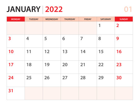 Calendar planner 2022 - January 2022 template, week start on Monday, Desk calendar 2022 year, simple and clean design, Wall calendar design, Corporate design planner template, red backgroundのイラスト素材