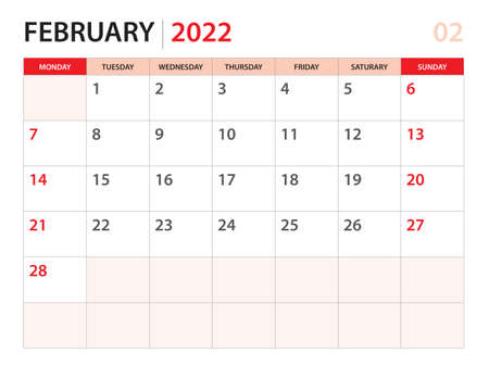 Calendar planner 2022 - February 2022 template, week start on Monday, Desk calendar 2022 year, simple and clean design, Wall calendar design, Corporate design planner template, red backgroundのイラスト素材